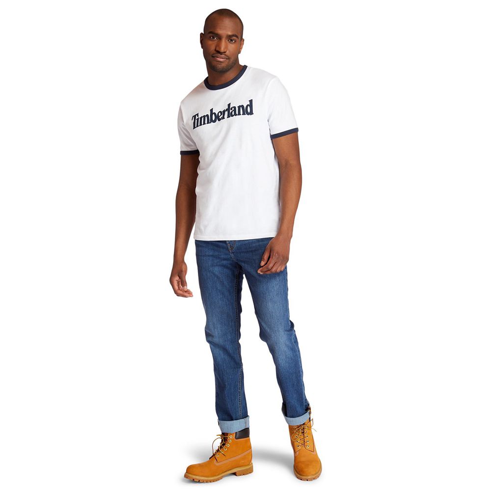 Camisetas Timberland Hombre Tbl® Linear Logo Ringer Blancas - Chile HXW-378064